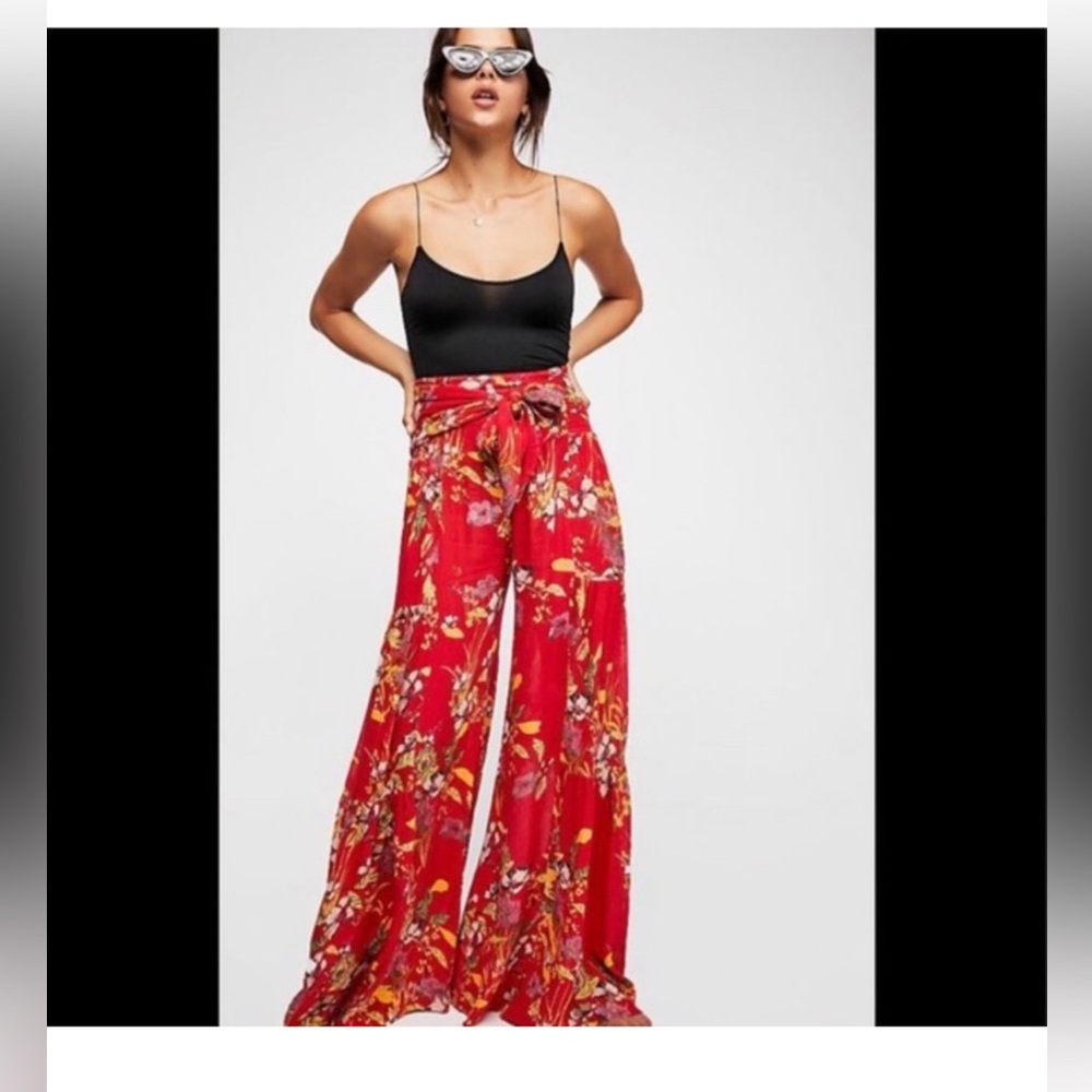 Free People FP One Aloha Floral Printed Wide Leg Flare Loose Pant M Tie Boho - Picture 1 of 10
